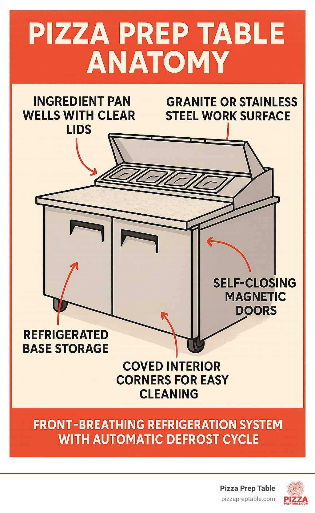 Infographic showing pizza prep table anatomy with labeled components including refrigerated base storage, granite or stainless steel work surface, ingredient pan wells with clear lids, self-closing magnetic doors, coved interior corners for easy cleaning, and front-breathing refrigeration system with automatic defrost cycle - pizza table for sale infographic 
