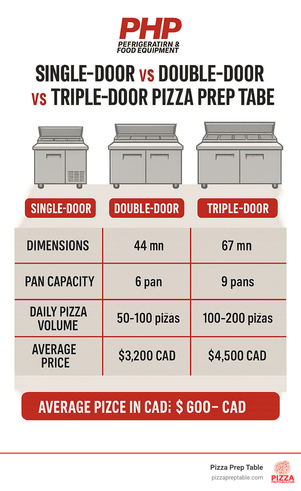 Infographic comparing single-door vs double-door vs triple-door pizza prep tables showing dimensions, pan capacity, daily pizza volume capability, and average pricing in CAD - pizza table for sale infographic 