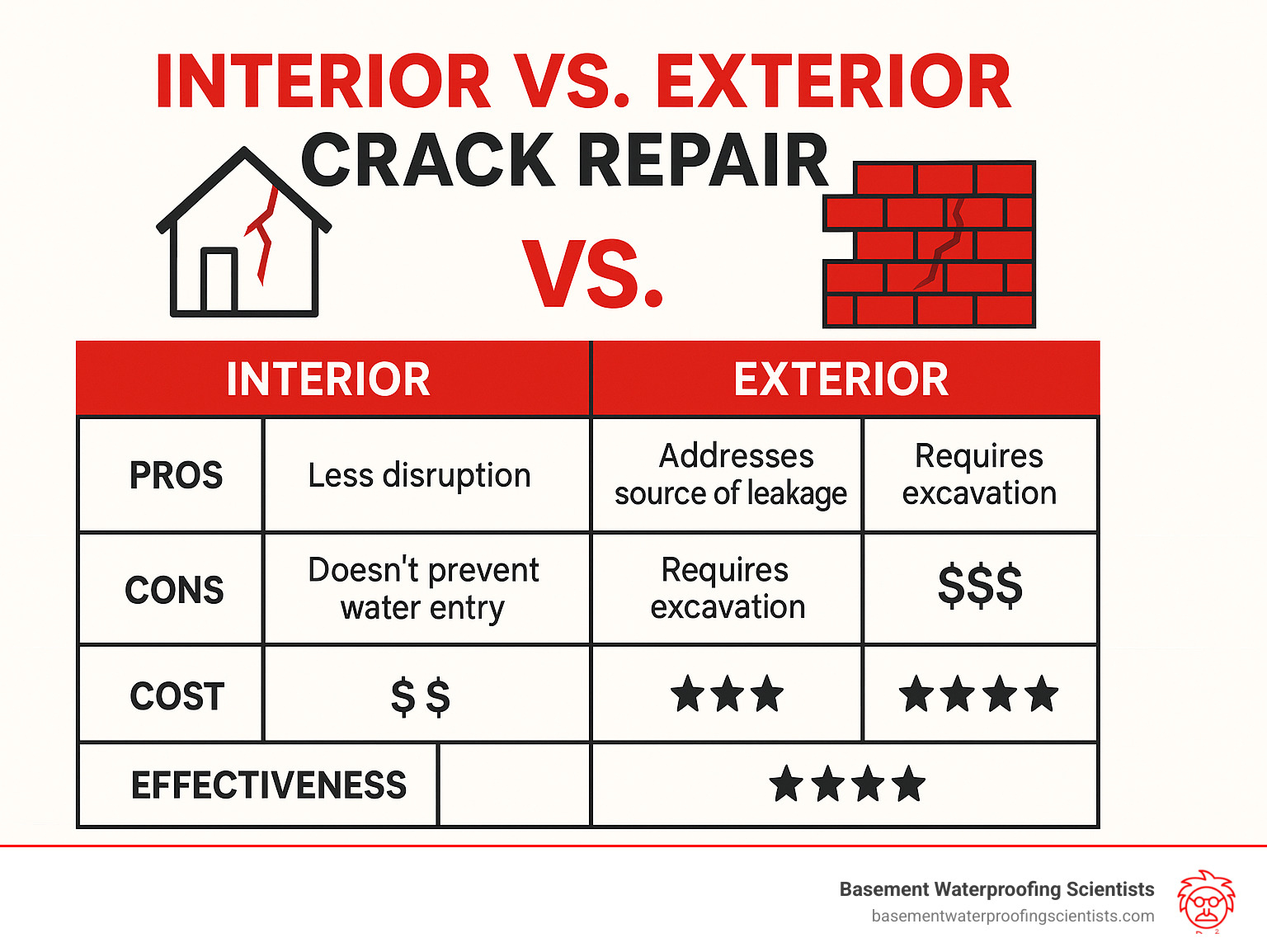 Comparison chart showing interior vs exterior crack repair methods with pros, cons, costs, and effectiveness ratings - exterior wall crack repair waterproofing infographic 