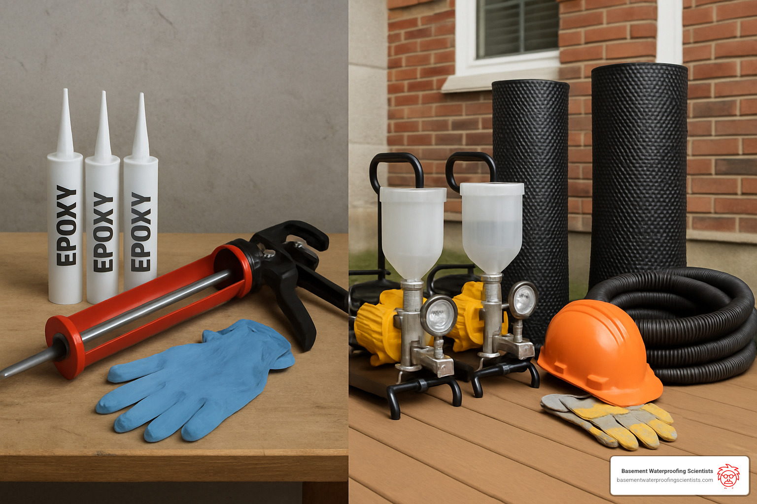 Comparison image showing DIY crack repair kit contents versus professional waterproofing equipment and materials - exterior wall crack repair waterproofing