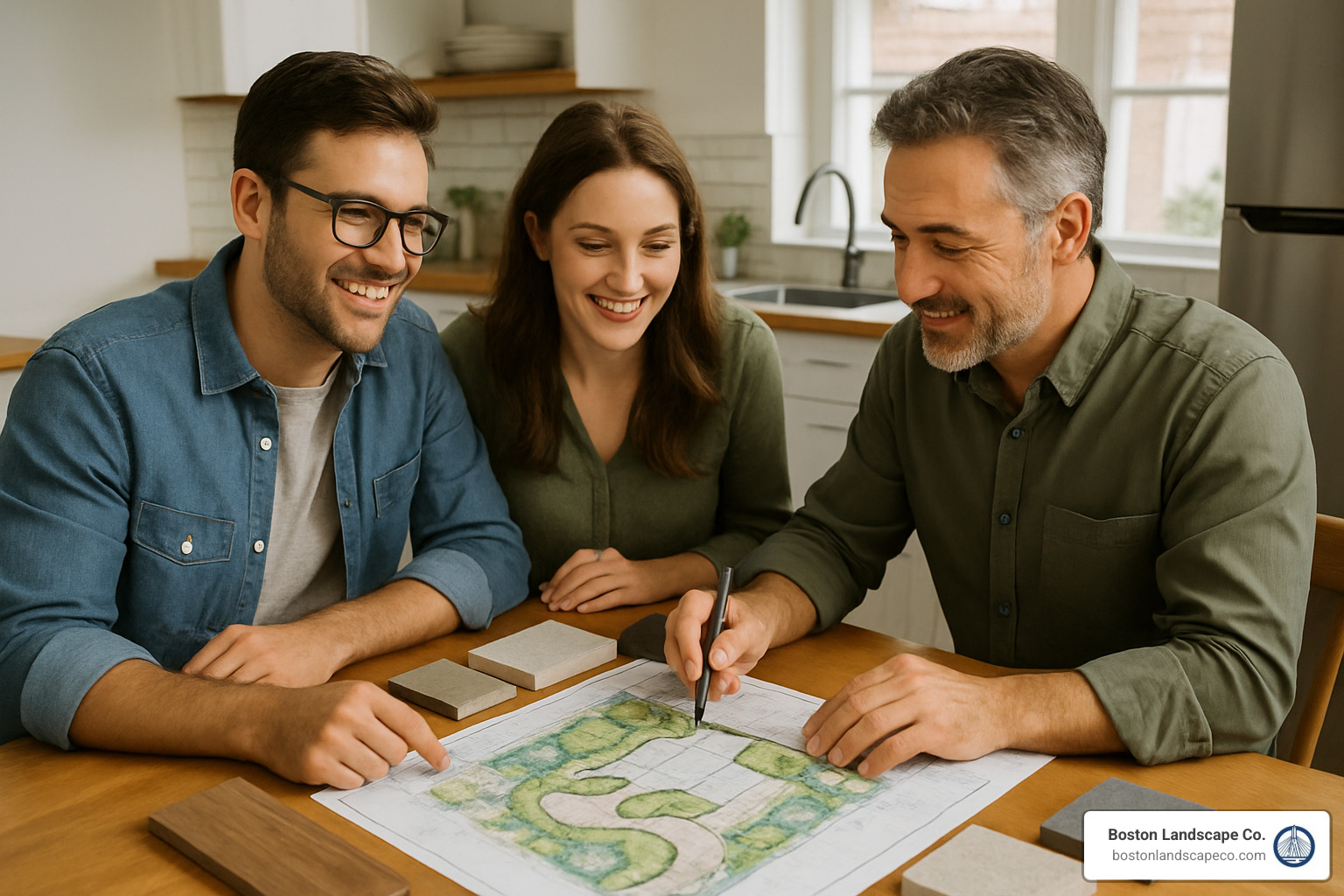 landscape architect meeting with homeowners at kitchen table reviewing design plans and material samples - residential landscape architects near me