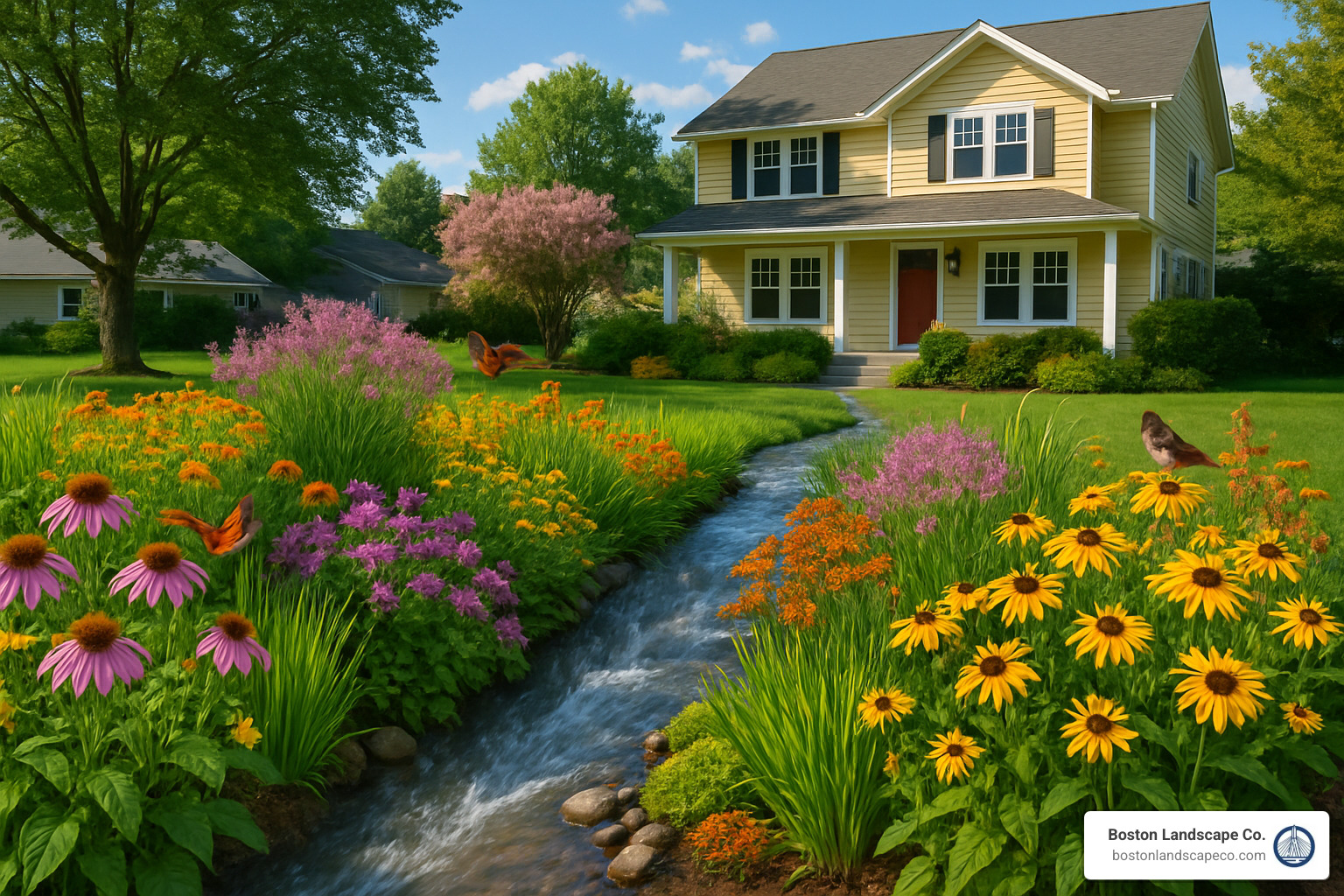 vibrant rain garden with native plants managing stormwater runoff while creating beautiful landscape feature - residential landscape architects near me