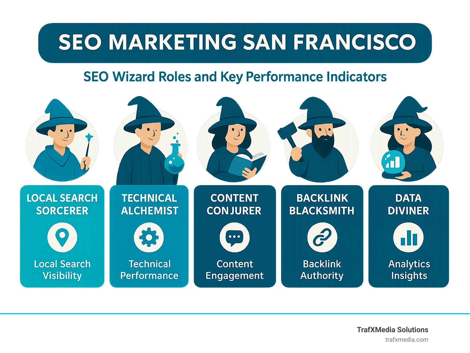 Comprehensive infographic summarizing the five SEO wizard roles and their key performance indicators, showing how each specialist contributes to overall campaign success with specific metrics for local search visibility, technical performance, content engagement, backlink authority, and analytics insights - SEO marketing San Francisco infographic 