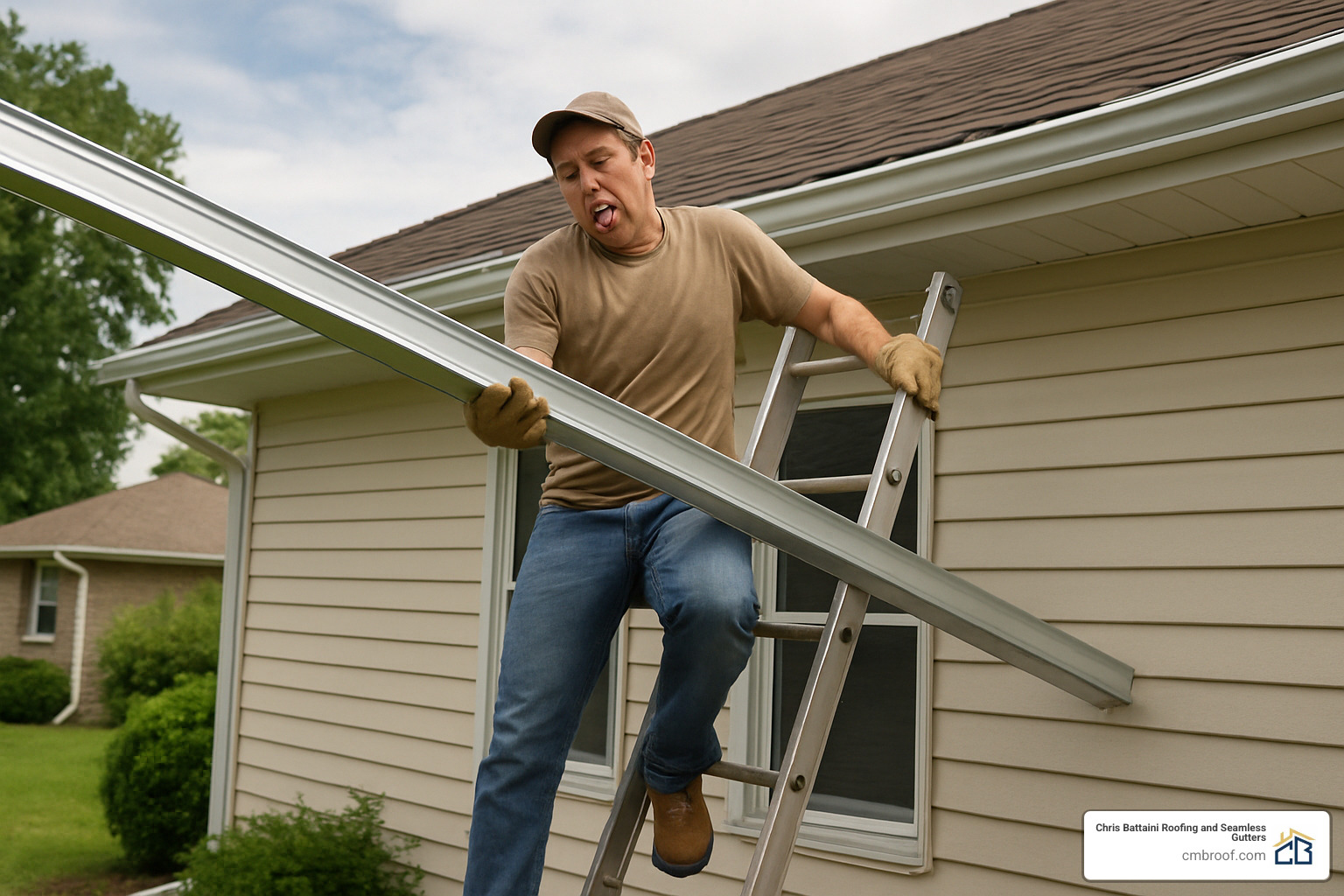 DIYer wrestling with 20-foot gutter section on ladder - gutter install