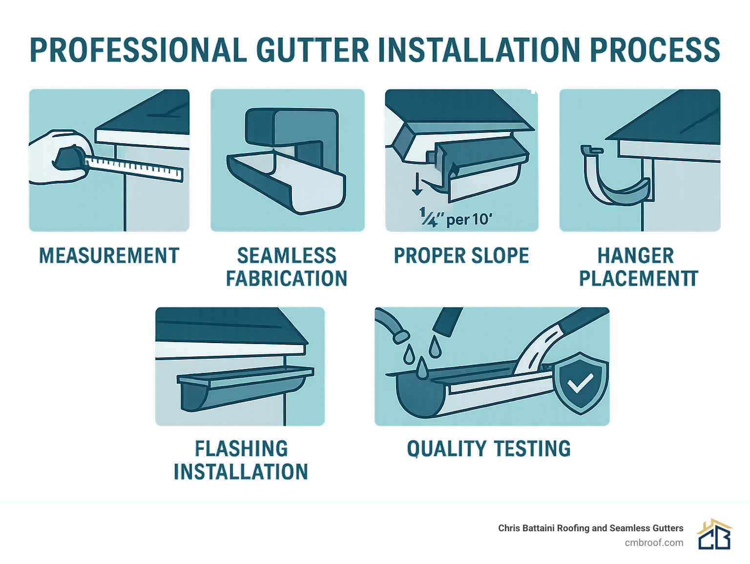 Professional gutter installation process showing measurement, seamless fabrication, proper slope calculation, hanger placement every 2-3 feet, flashing installation, and quality testing with warranty coverage - gutter install infographic 