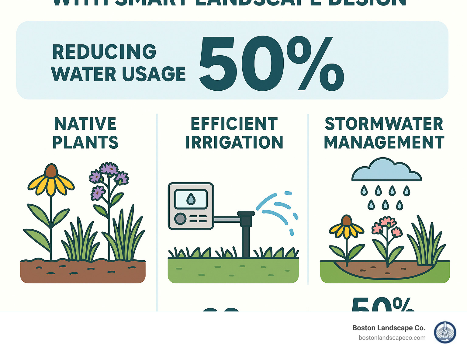 Infographic demonstrating how smart landscape design can reduce water usage by 50% through native plant selection, efficient irrigation, and stormwater management techniques - residential landscape architects near me infographic 