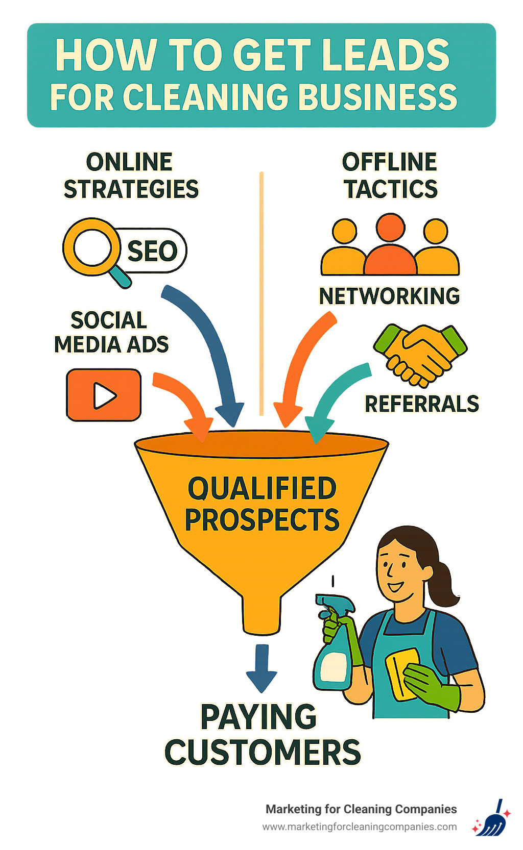 Comprehensive lead generation funnel showing online strategies like SEO and social media ads, offline tactics like networking and referrals, all flowing into qualified prospects and paying customers for cleaning businesses - how to get leads for cleaning business infographic