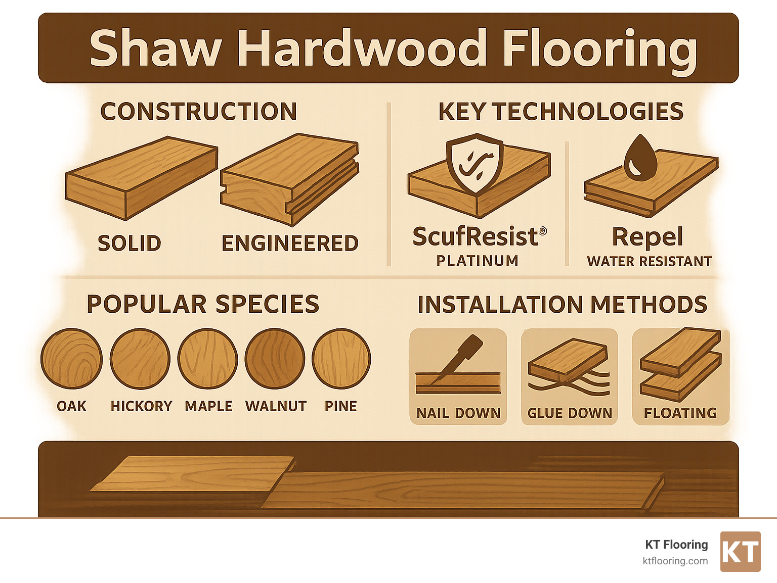 Shaw hardwood flooring construction comparison showing solid vs engineered layers, key technologies like ScufResist Platinum and Repel water-resistance, popular wood species options, and installation methods - shaw hardwood flooring infographic