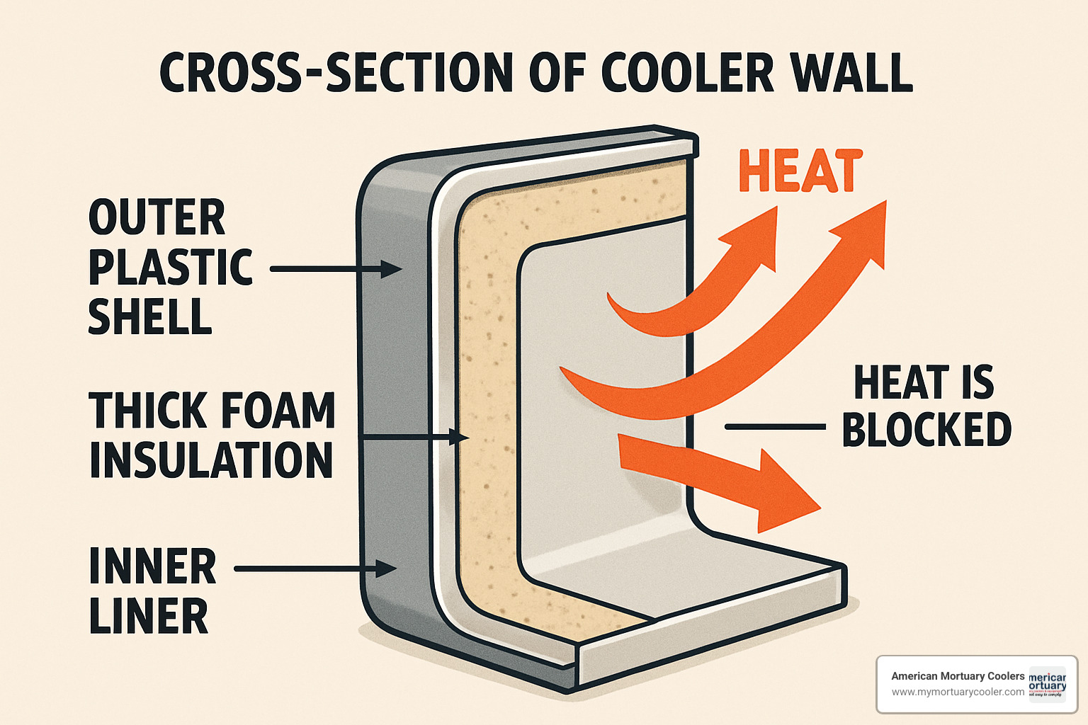 Cross-section view of cooler wall showing multiple insulation layers and materials - are coolers insulated