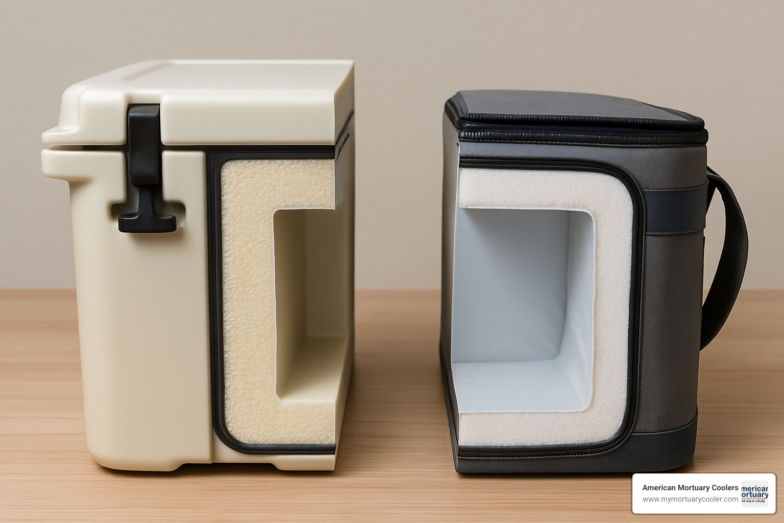 Side-by-side comparison of hard-sided rotomolded cooler and soft-sided cooler showing construction differences - are coolers insulated