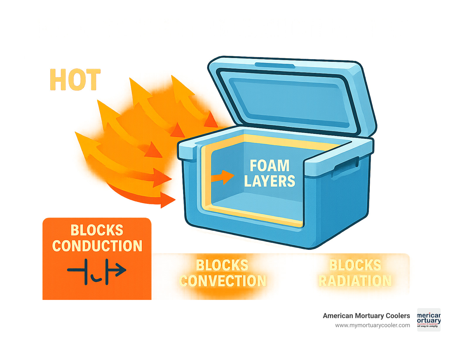 Detailed infographic showing cross-section of insulated cooler with foam layers, heat transfer arrows, and temperature zones demonstrating how insulation blocks conduction, convection and radiation to maintain cold temperatures - are coolers insulated infographic 