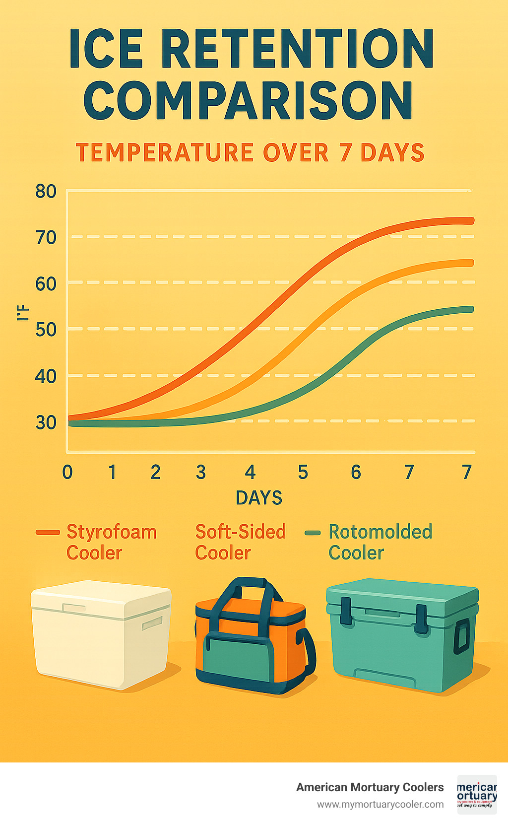 Statistical infographic showing ice retention comparison between different cooler types over 7 days with temperature curves - are coolers insulated infographic 
