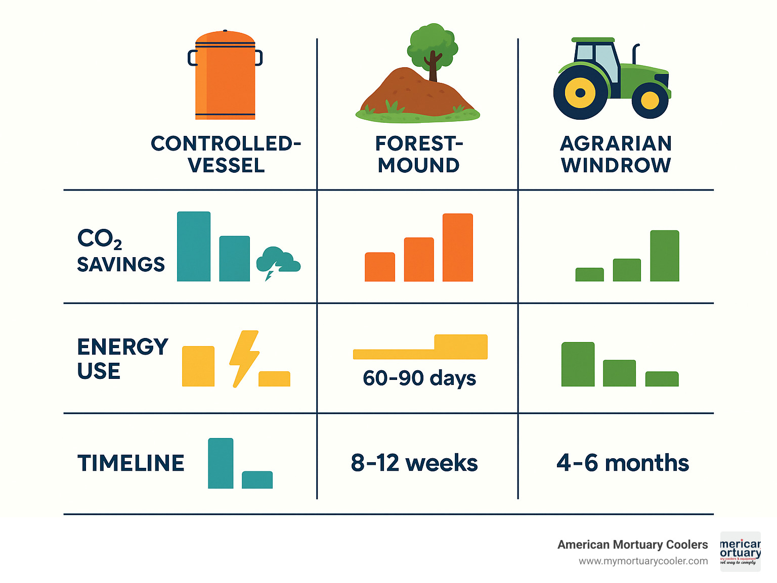 Statistical comparison of human composting methods showing CO2 savings, energy use, timeline, and costs for controlled-vessel NOR vs forest-mound vs agrarian windrow approaches - how do you compost a body infographic 