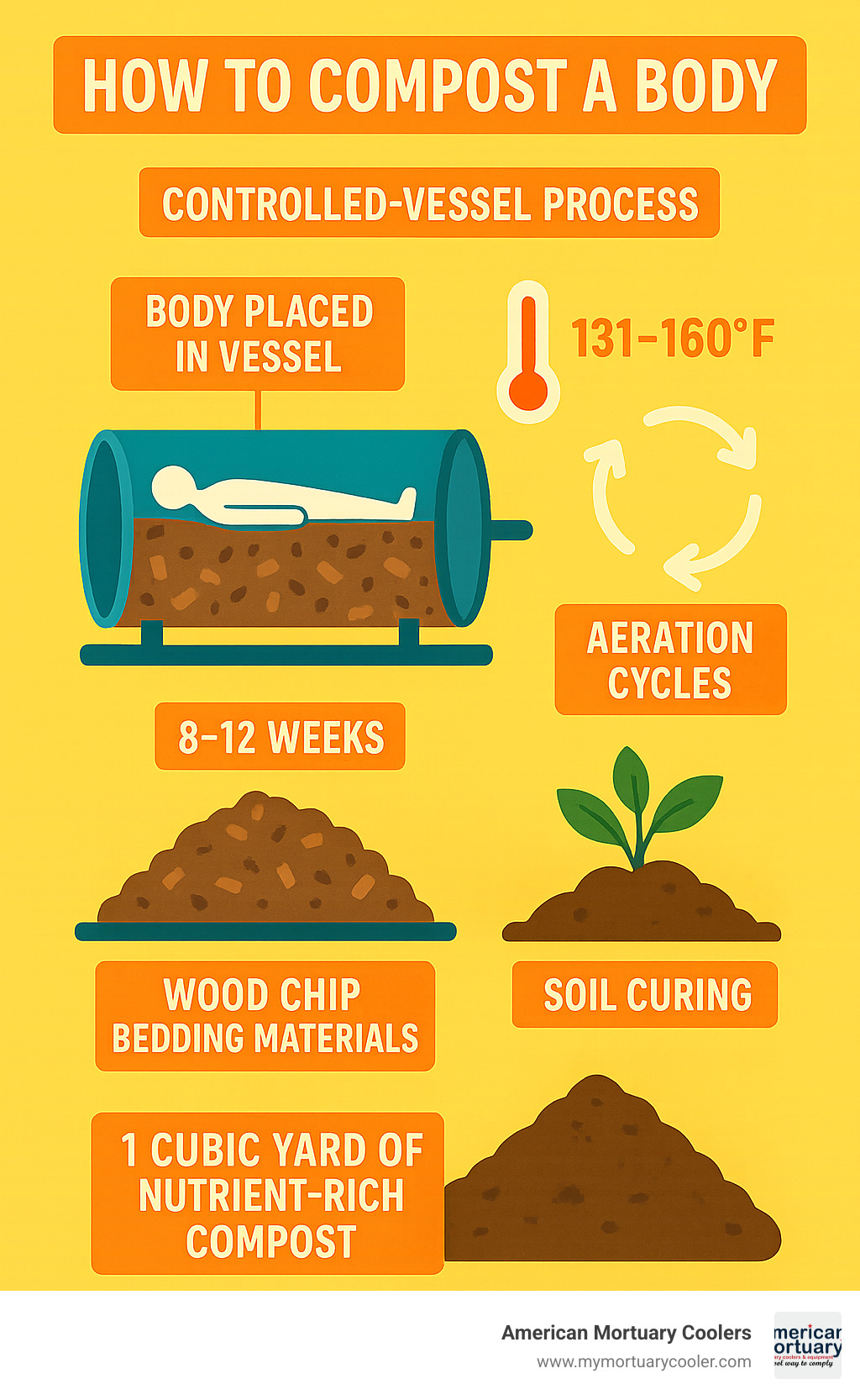 Infographic showing the complete human composting timeline from body placement through 8-12 weeks of decomposition, including vessel temperatures of 131-160°F, wood chip bedding materials, aeration cycles, and final soil curing process resulting in one cubic yard of nutrient-rich compost - how do you compost a body infographic 