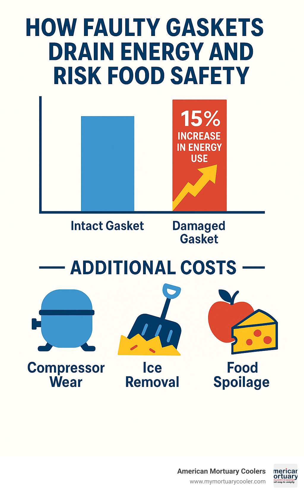 Energy consumption comparison chart showing 15% increase in power usage with damaged gaskets, plus breakdown of additional costs including compressor wear, ice removal, and food spoilage - gaskets for walk in coolers infographic 