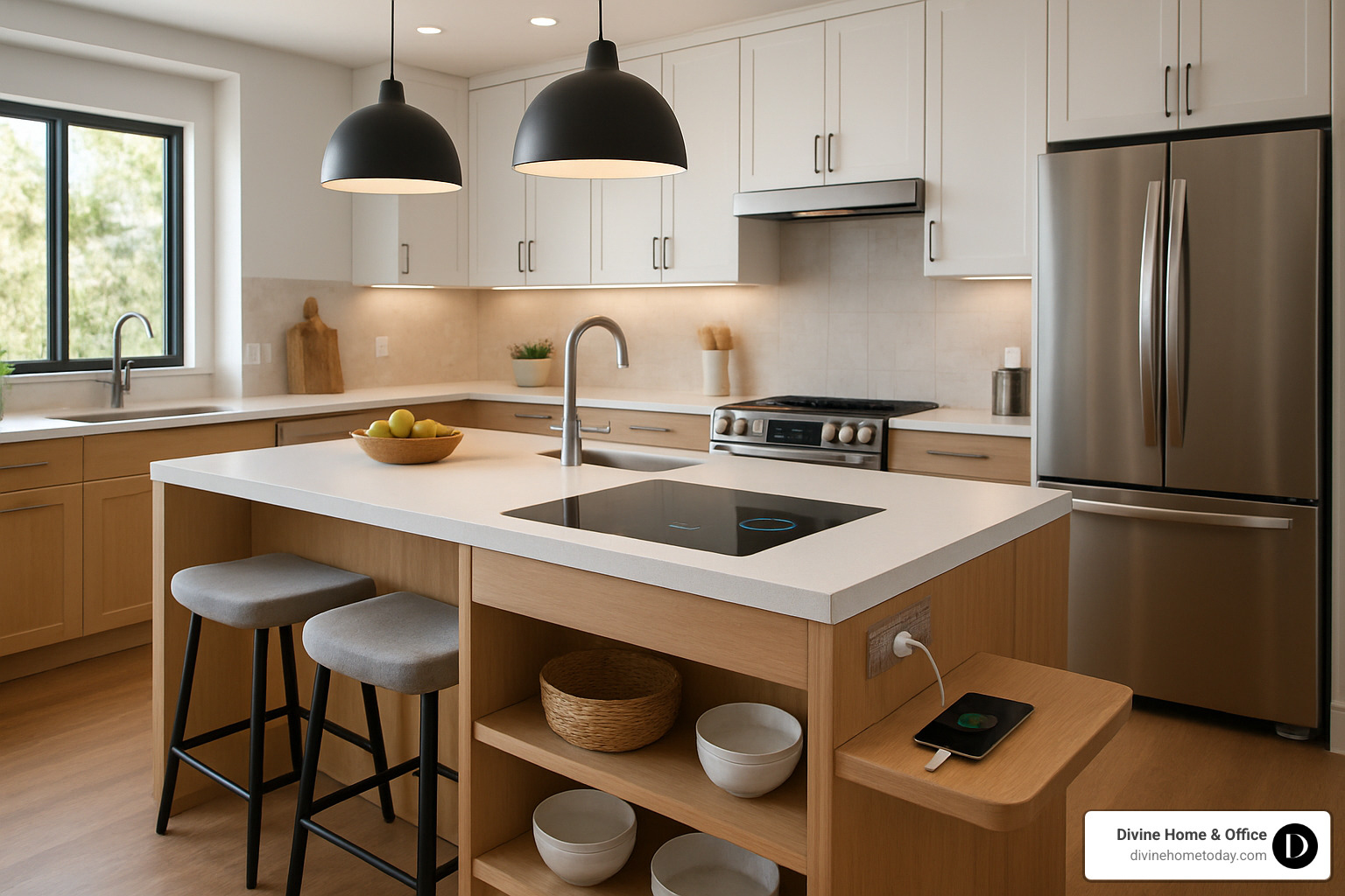 Multifunctional kitchen featuring an island with built-in seating, hidden storage, and integrated technology - Boutique interior design firm