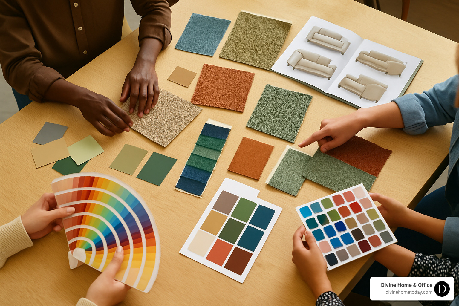 Mood board session showing fabric samples, color swatches, and furniture selections spread across a design table - Boutique interior design firm