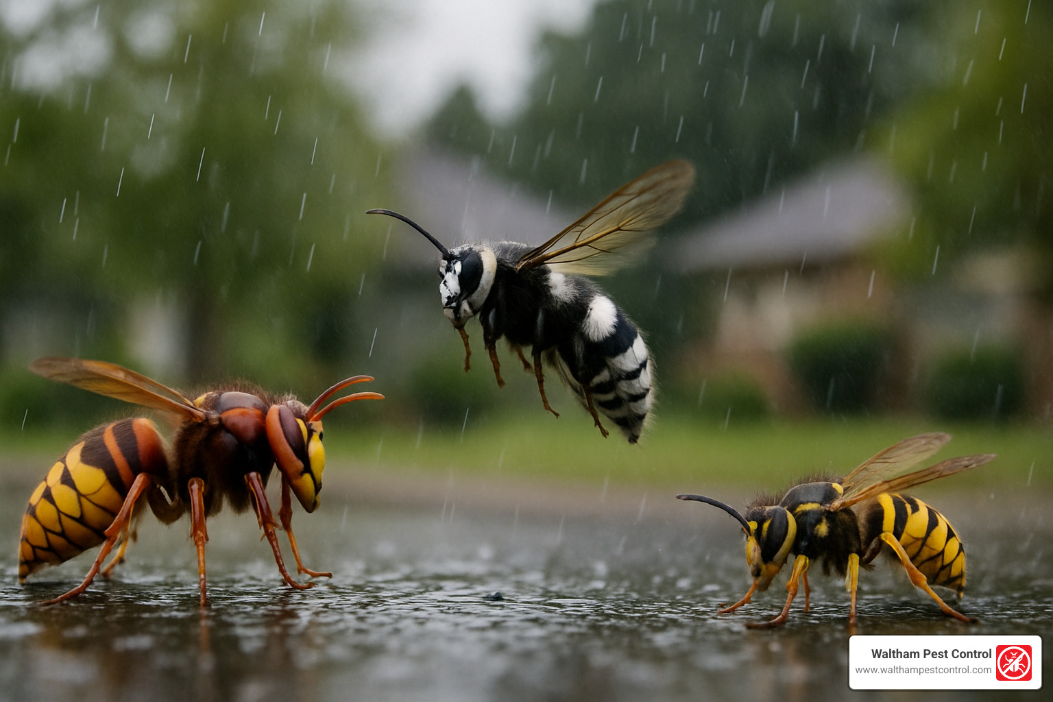 side-by-side comparison of European hornet, bald-faced hornet, and yellowjacket in wet conditions - can hornets fly in the rain