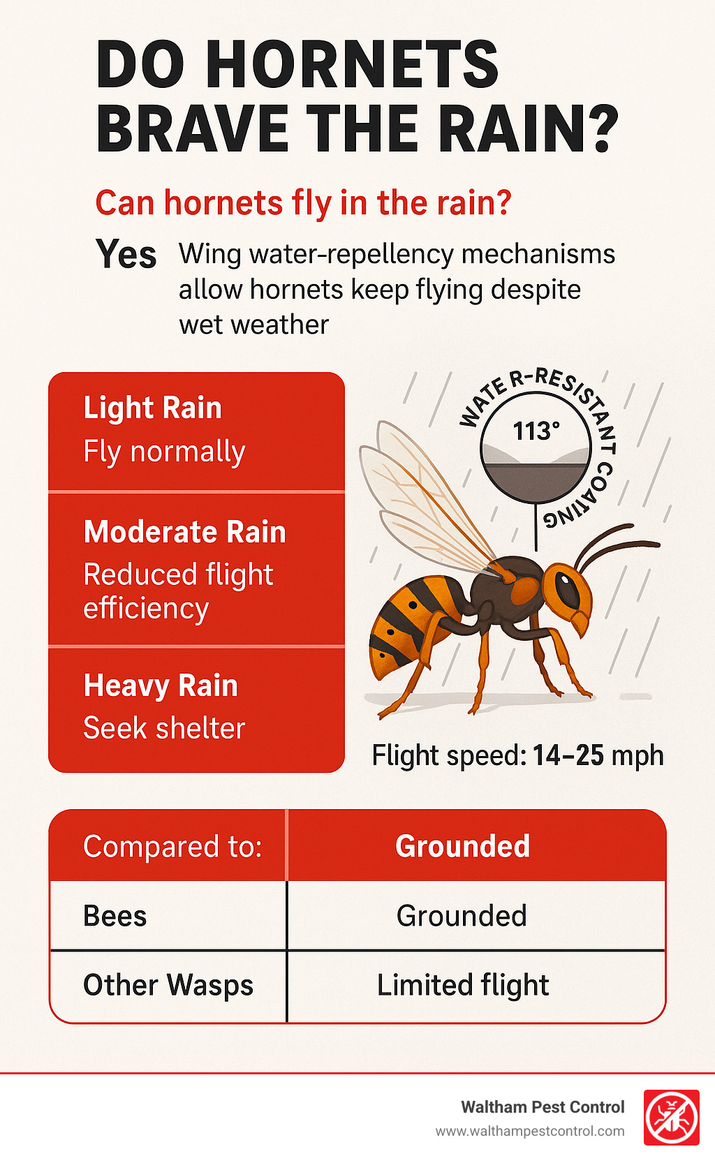Comprehensive comparison chart showing hornet flight capabilities in different rain intensities, including wing water-repellency mechanisms, flight speed variations, and behavioral changes compared to bees and other wasps - can hornets fly in the rain infographic 