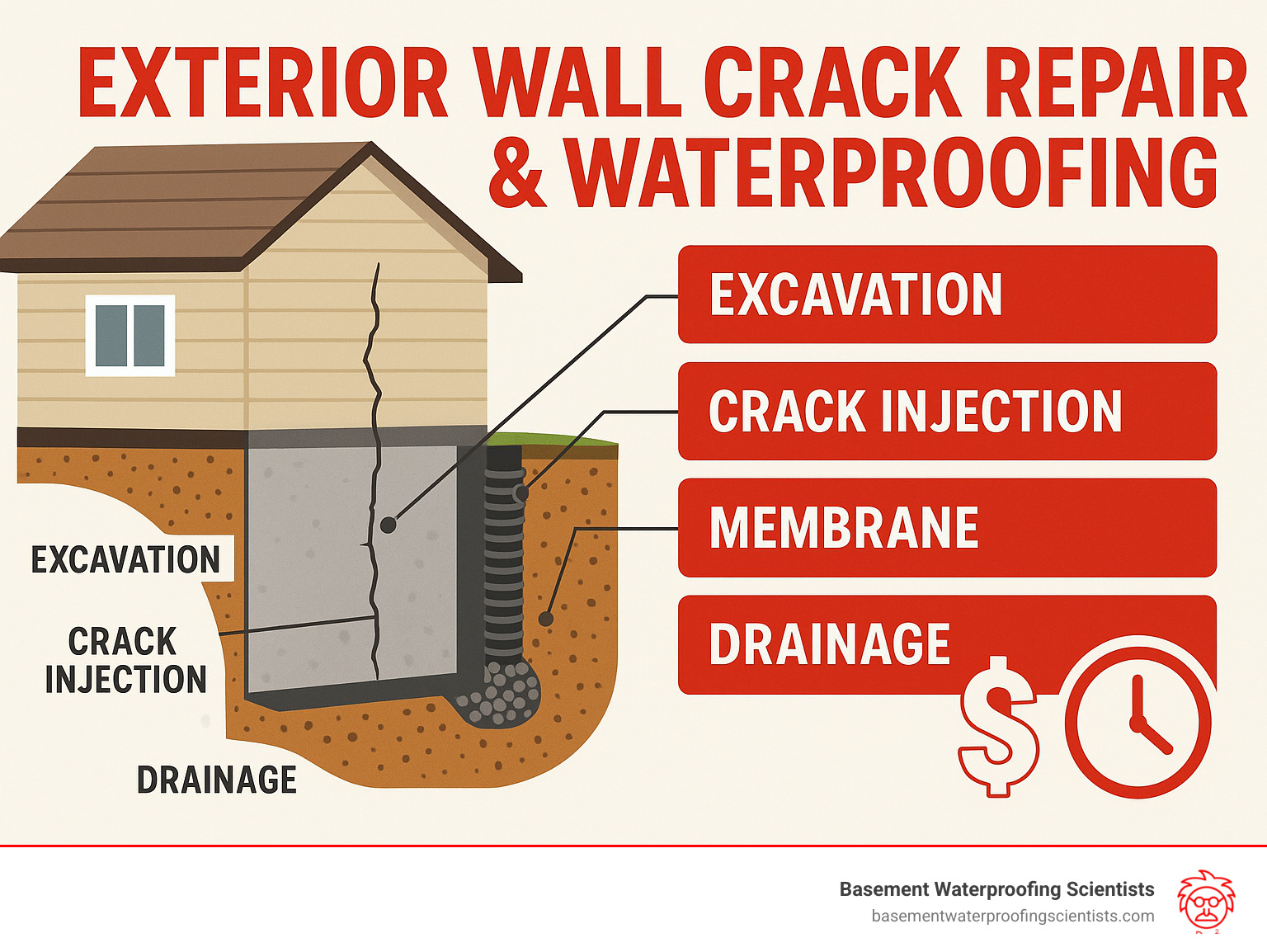 Infographic showing the complete exterior wall crack repair waterproofing process from excavation through final backfill, including cross-section views of crack injection, membrane application, and drainage installation with cost breakdown and timeline - exterior wall crack repair waterproofing infographic 