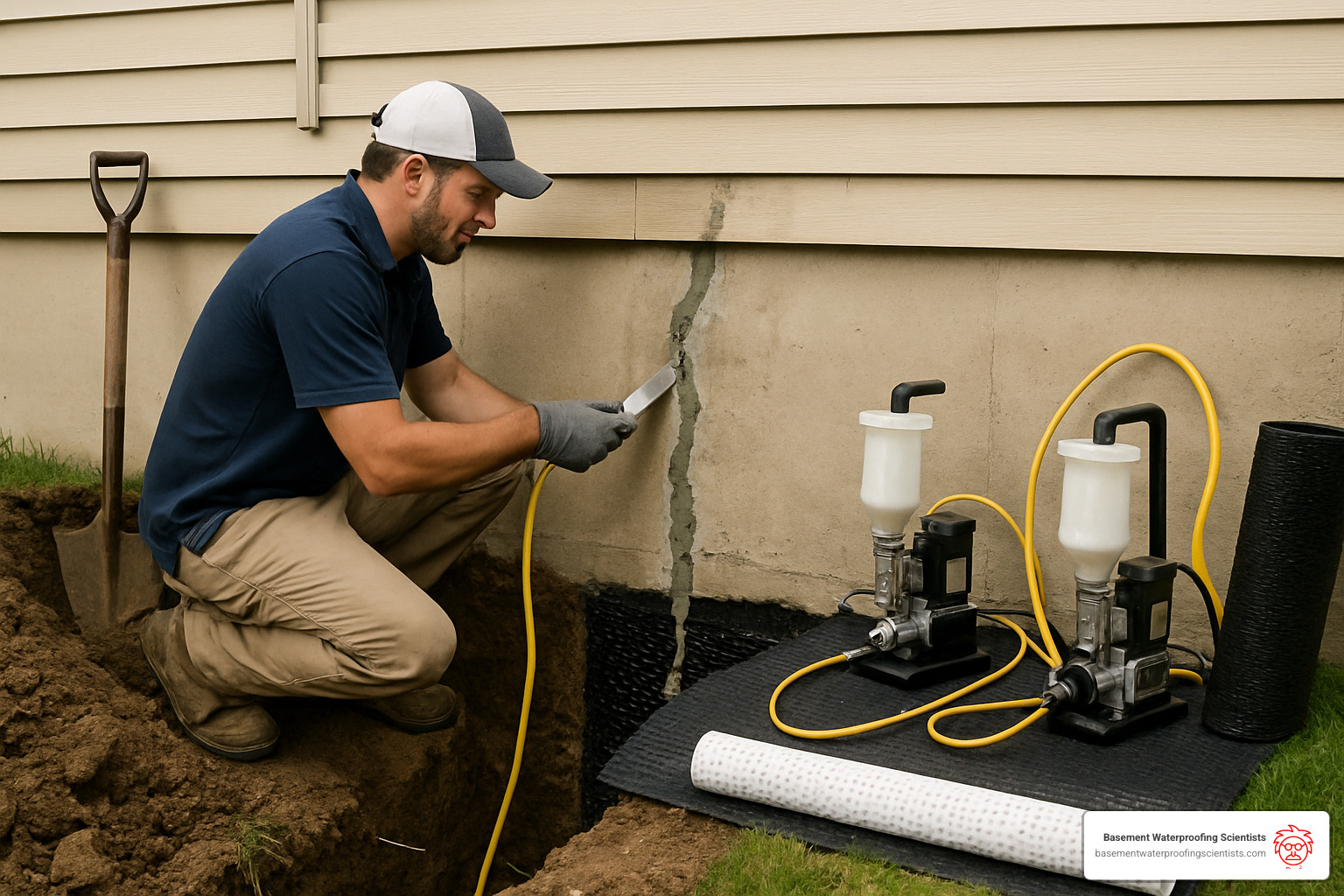 Professional exterior crack repair equipment and materials setup showing excavation tools, injection pumps, membrane materials, and drainage components - exterior wall crack repair waterproofing
