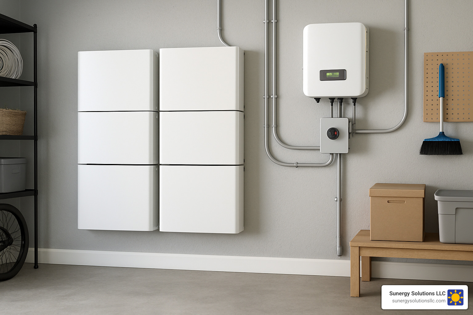 Battery storage system installed in residential garage - domestic solar system