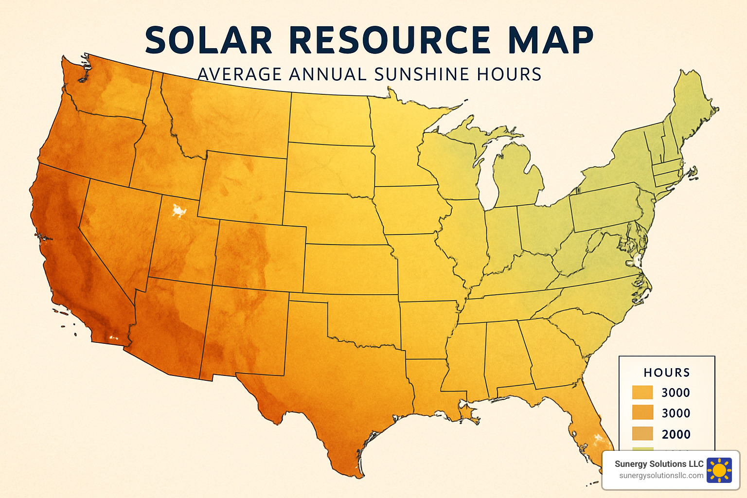 Solar resource map showing sunshine hours across different U.S. regions - domestic solar system