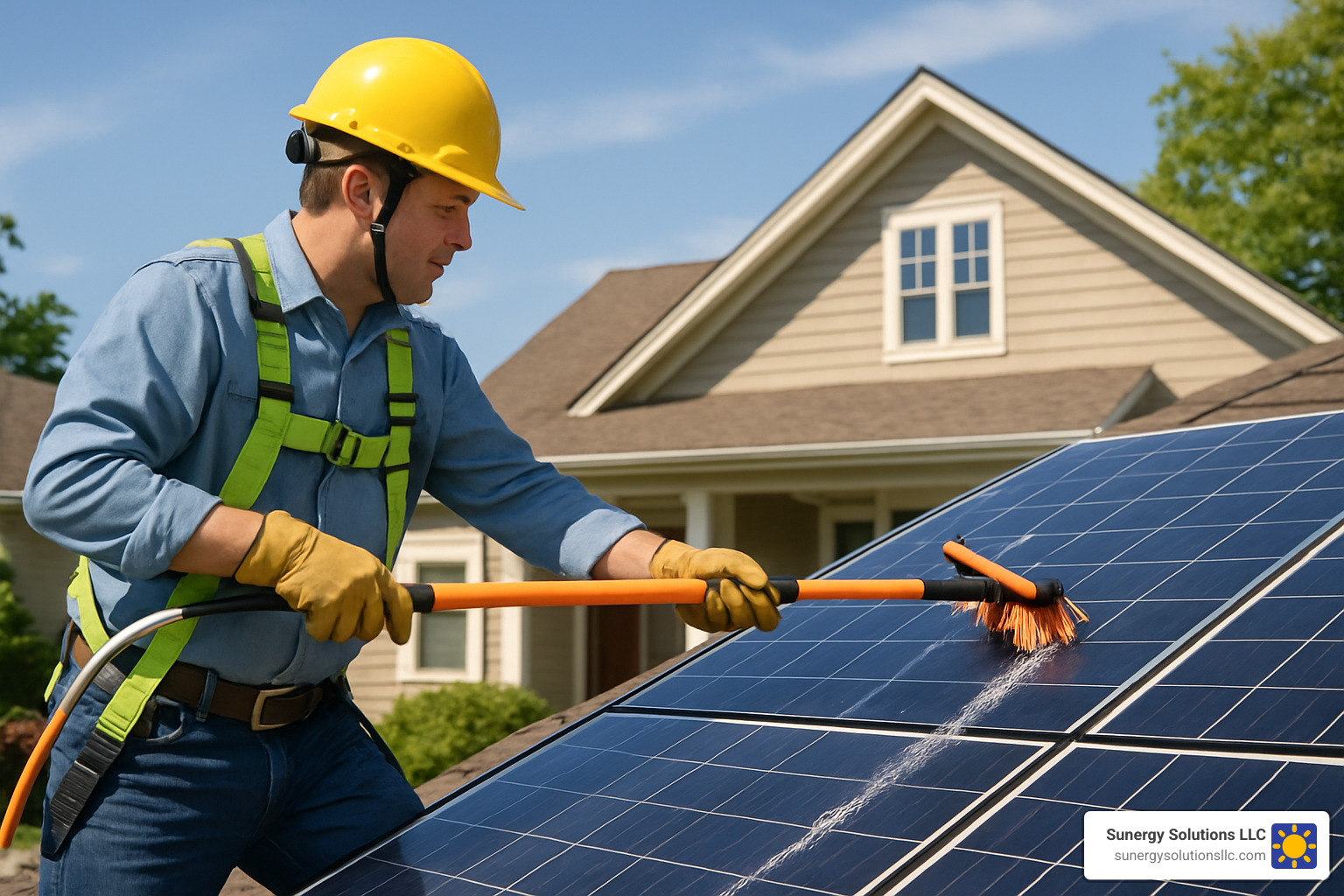 Homeowner safely cleaning solar panels with soft brush and water - domestic solar system