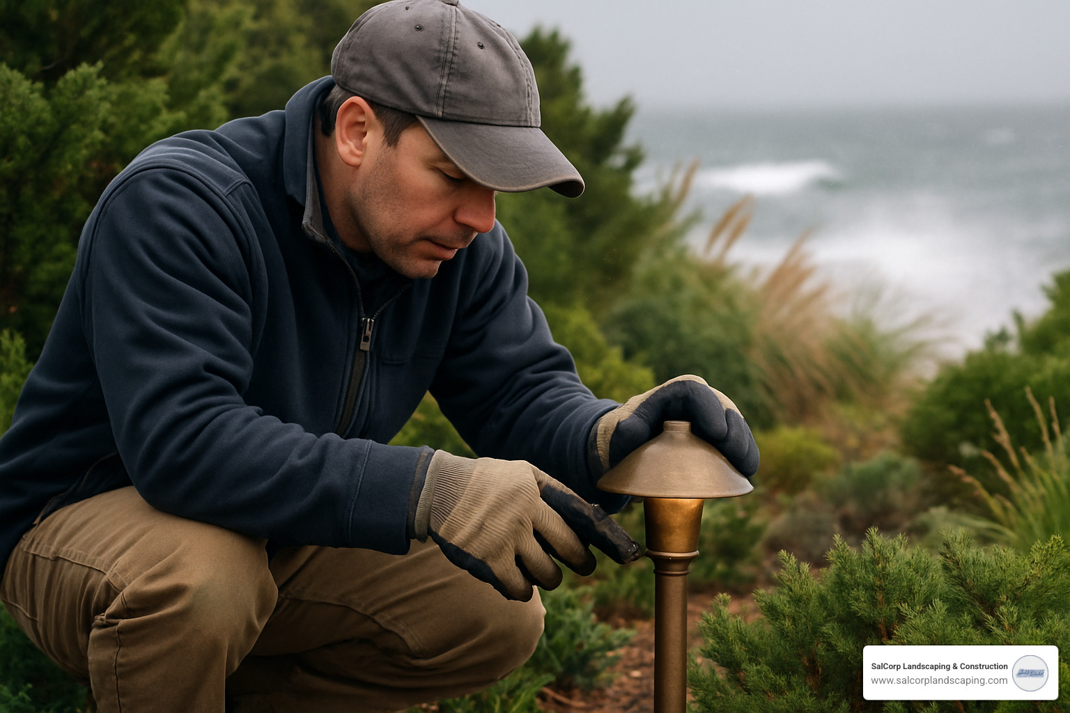 Technician performing maintenance on coastal landscape lighting system - Cape Cod landscape lighting