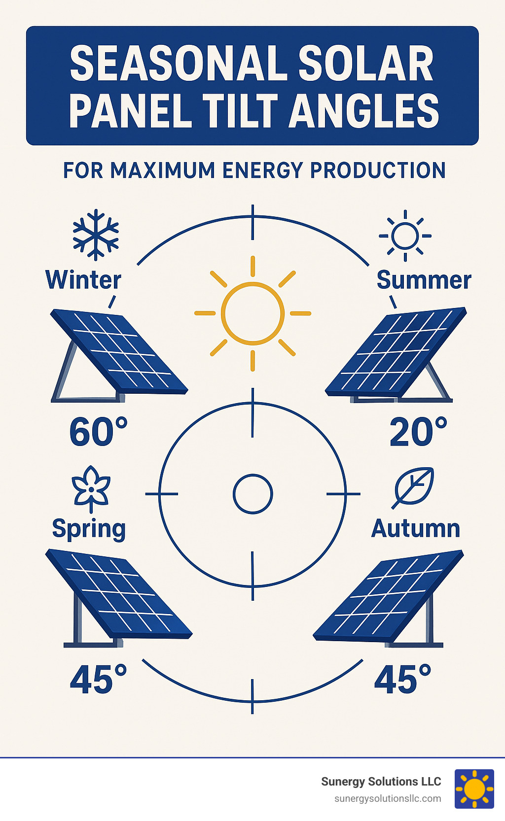 Infographic showing optimal seasonal panel tilt angles for maximum energy production throughout the year - domestic solar system infographic