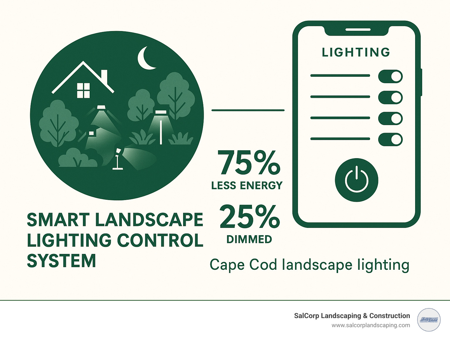 Smart landscape lighting control system showing app interface and energy efficiency statistics - Cape Cod landscape lighting infographic 