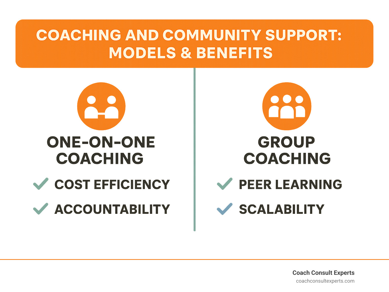 Infographic comparing one-on-one coaching versus group coaching benefits, showing cost efficiency, peer learning, accountability, and scalability advantages - coaching and community support infographic 