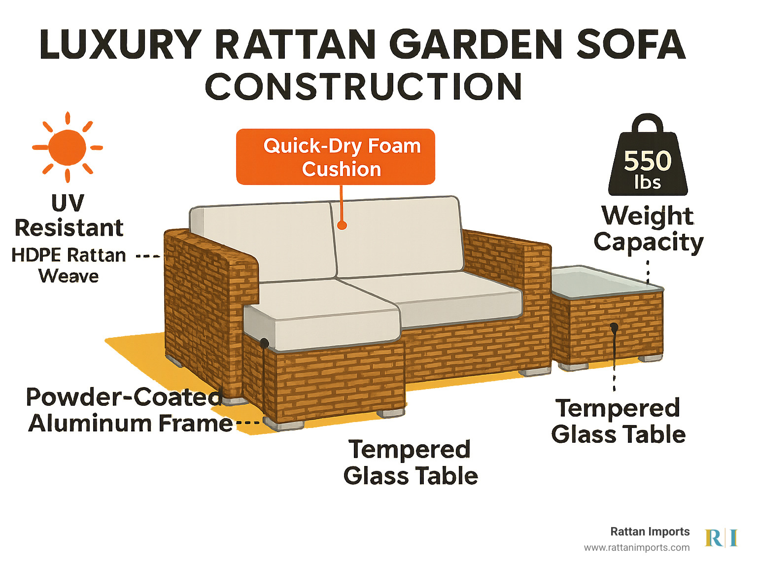 Infographic showing luxury rattan garden sofa construction: HDPE rattan weave wrapped around powder-coated aluminum frame, with quick-dry foam cushions and tempered glass table, highlighting UV resistance ratings and weight capacity specifications - luxury rattan garden sofas infographic 