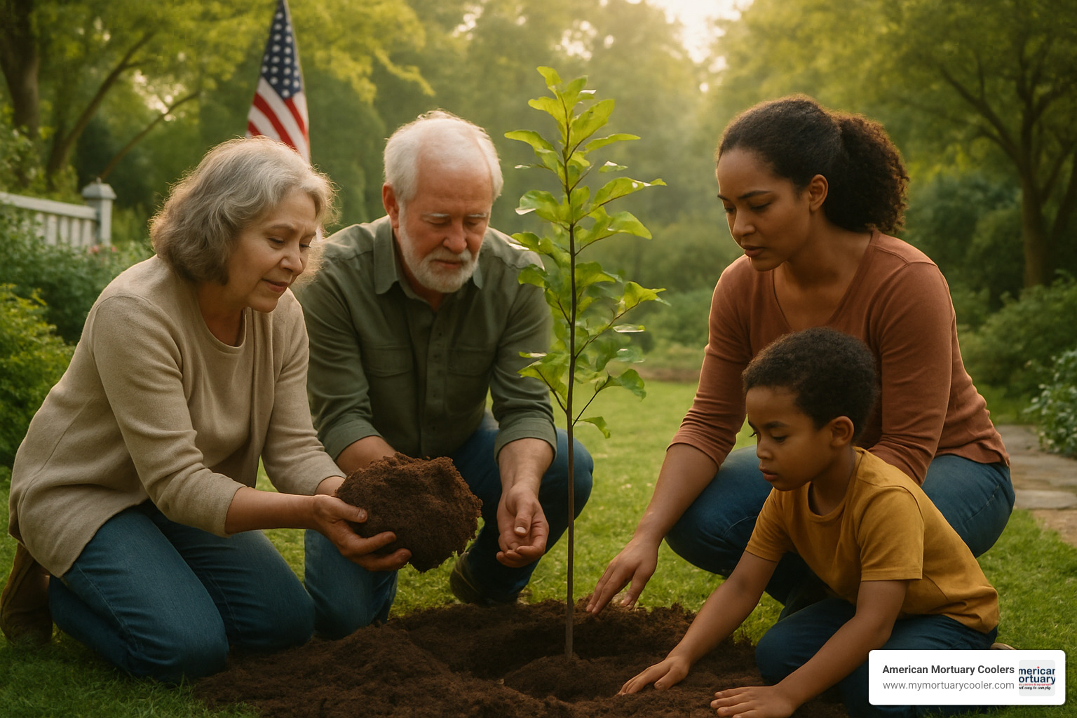 Family planting a memorial tree using soil from organic reduction process in a peaceful garden setting - organic reduction