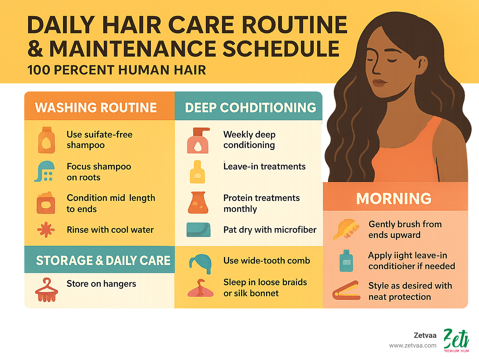 Daily hair care routine and maintenance schedule - 100 percent human hair infographic 
