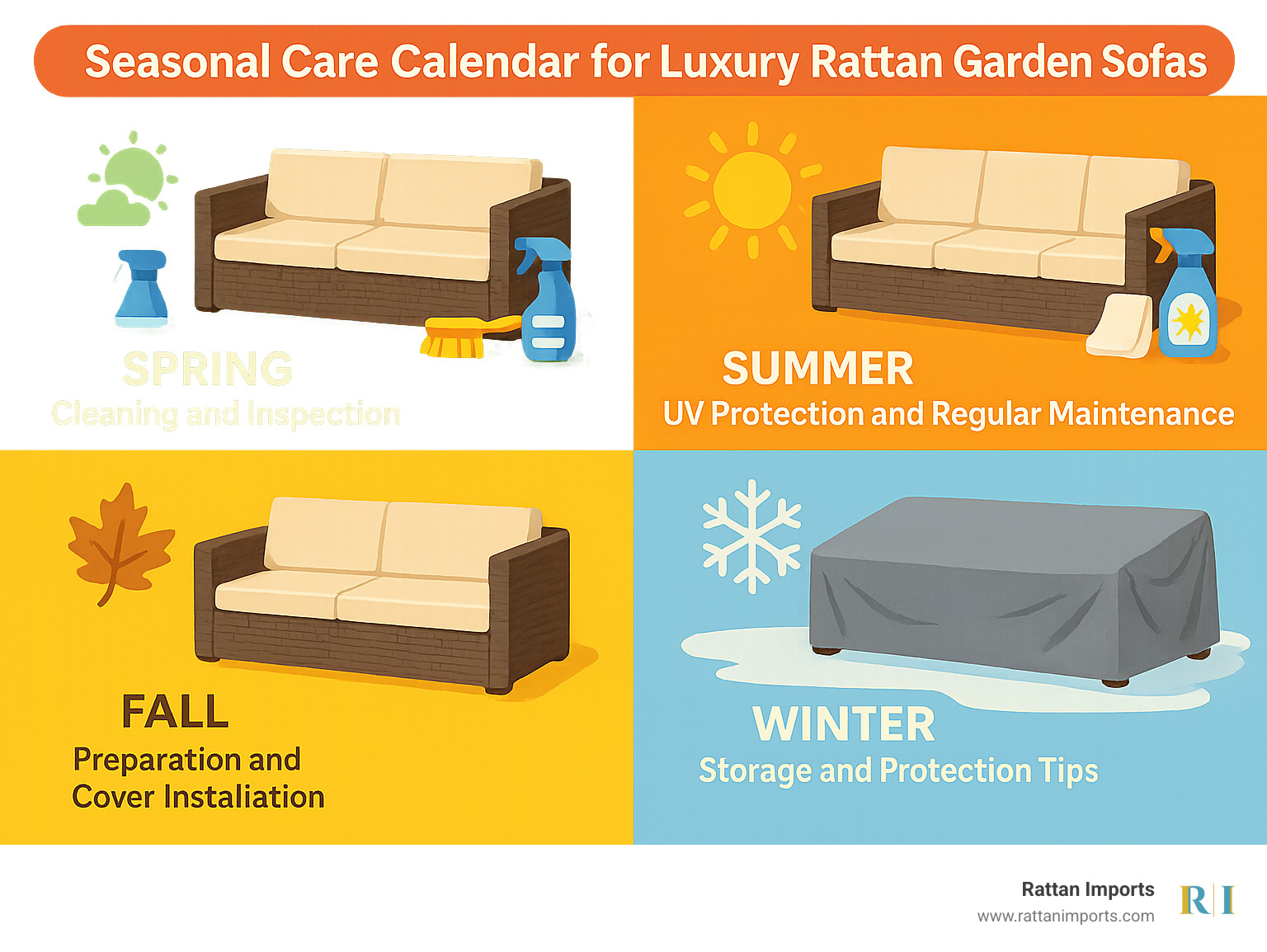 Infographic showing seasonal care calendar for luxury rattan garden sofas: spring cleaning and inspection, summer UV protection and regular maintenance, fall preparation and cover installation, winter storage and protection tips - luxury rattan garden sofas infographic 