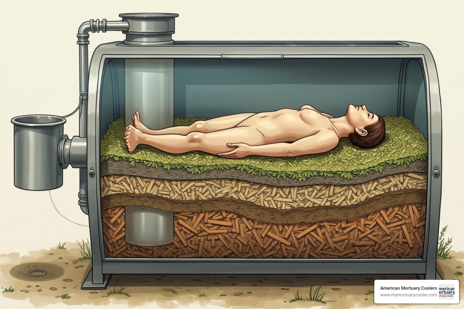 Cross-section view of an organic reduction vessel showing the layered arrangement of organic materials and ventilation system - organic reduction
