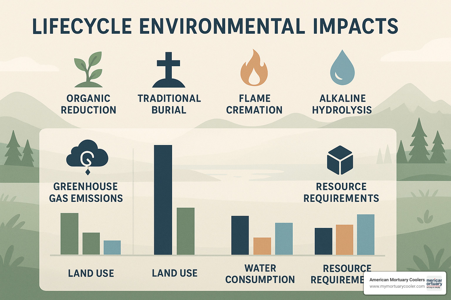 Lifecycle environmental impact comparison showing greenhouse gas emissions, land use, water consumption, and resource requirements for organic reduction, traditional burial, flame cremation, and alkaline hydrolysis - organic reduction