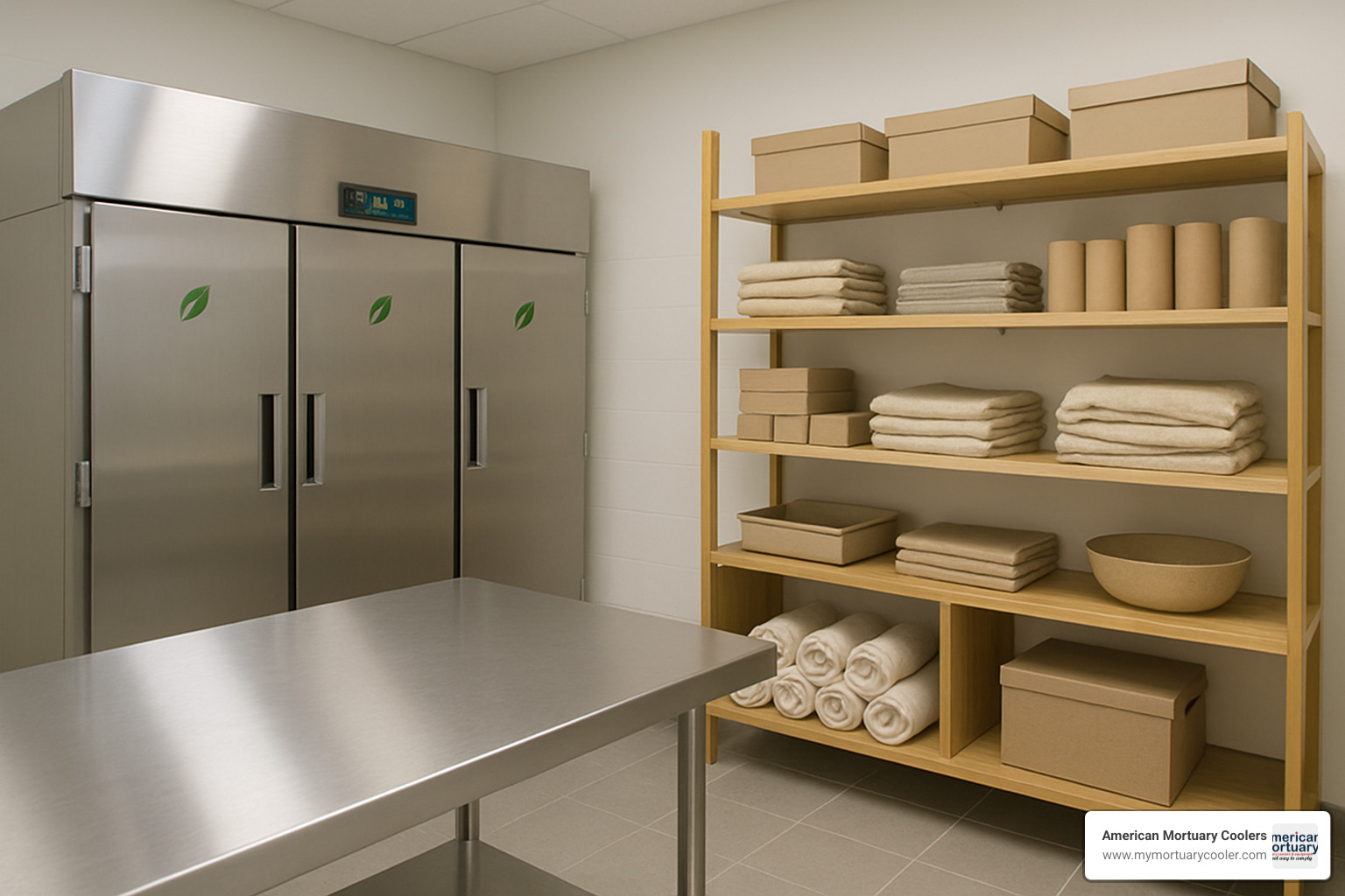 Modern eco-friendly mortuary equipment showcasing energy-efficient refrigeration systems, biodegradable supplies, and sustainable materials in a contemporary funeral home setting - Funeral Suppliers