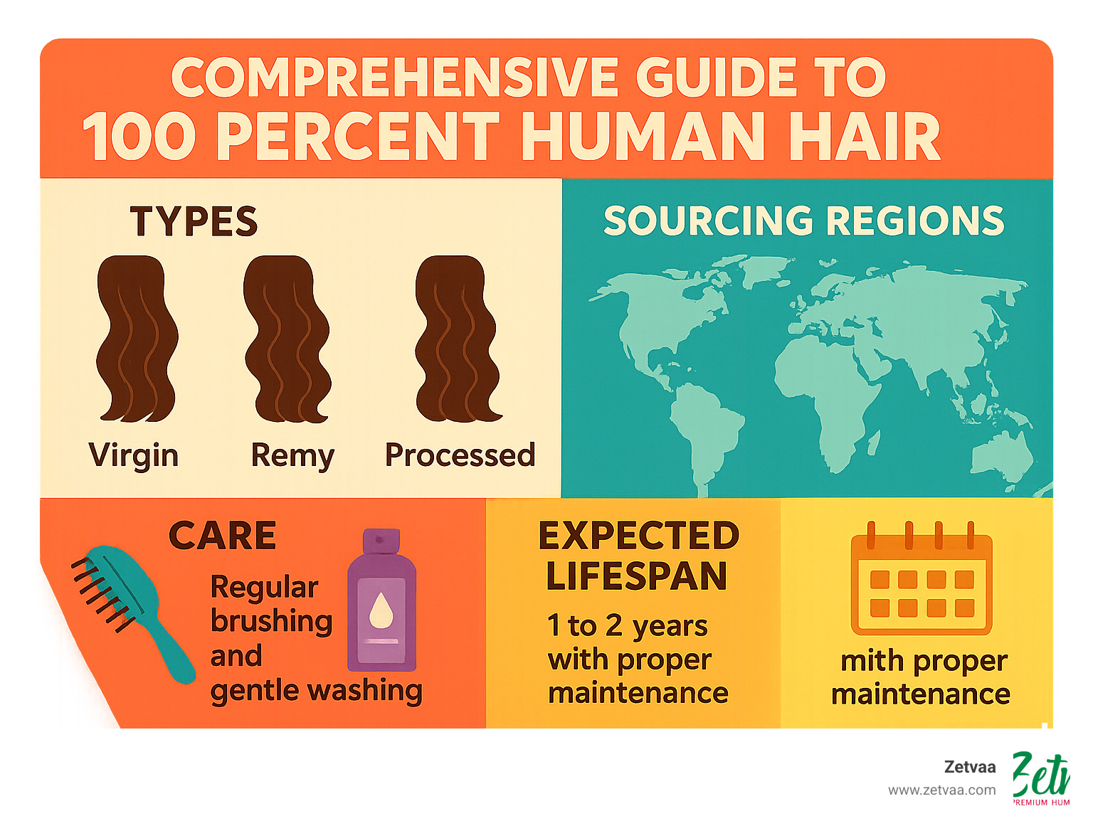 Comprehensive guide to 100 percent human hair types, sourcing regions, care requirements, and expected lifespan with proper maintenance - 100 percent human hair infographic 