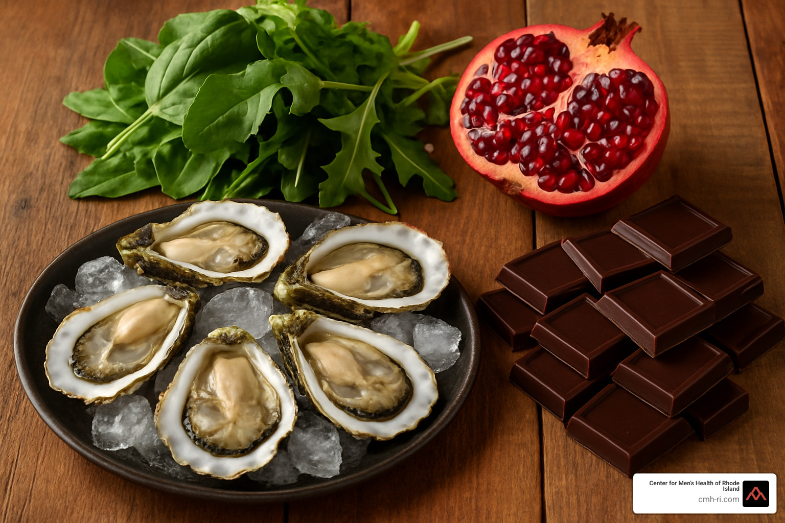 variety of libido-boosting superfoods including oysters, dark chocolate, pomegranate, and leafy greens - how to increase male libido