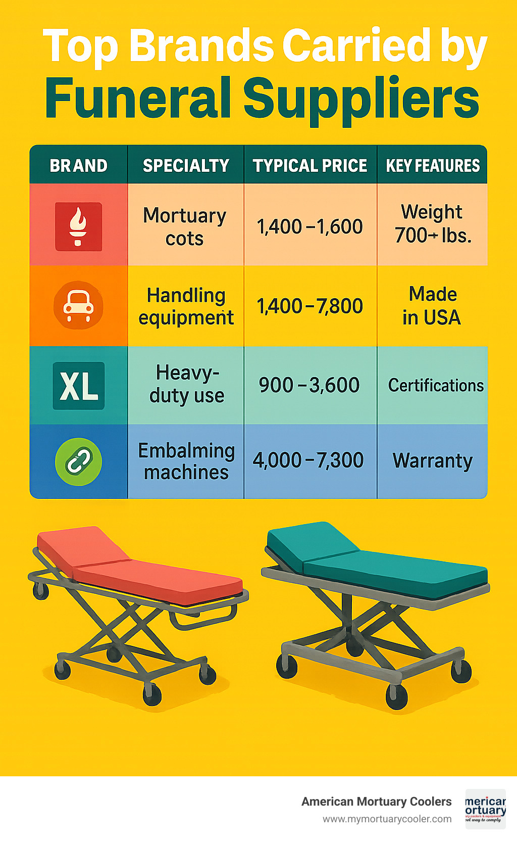 Comparison chart showing mortuary equipment brands, their specialties, typical price ranges, and key features like weight capacity, warranty terms, and special certifications - Funeral Suppliers infographic 