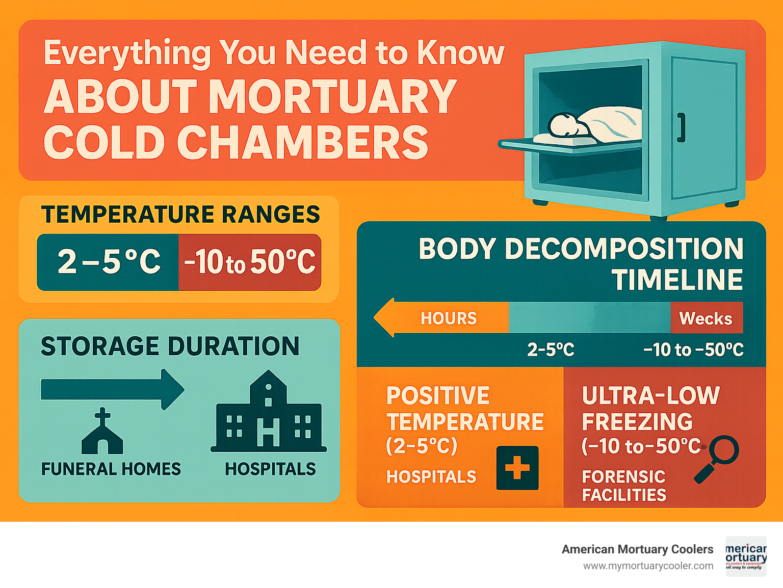 Comprehensive infographic showing mortuary cold chamber temperature ranges, body decomposition timeline at different temperatures, storage duration capabilities, and comparison between positive temperature storage at 2-5°C versus ultra-low freezing at -10 to -50°C for various applications including funeral homes, hospitals, and forensic facilities - mortuary cold chamber infographic 