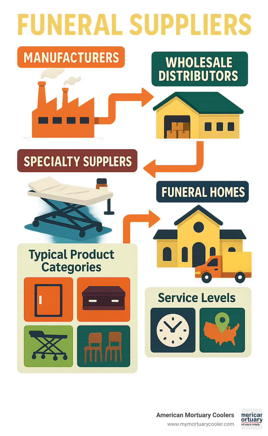 Comprehensive infographic showing funeral supply chain from manufacturers to funeral homes, including wholesale distributors, specialty suppliers, and direct-to-funeral-home delivery options with typical product categories and service levels - Funeral Suppliers infographic 