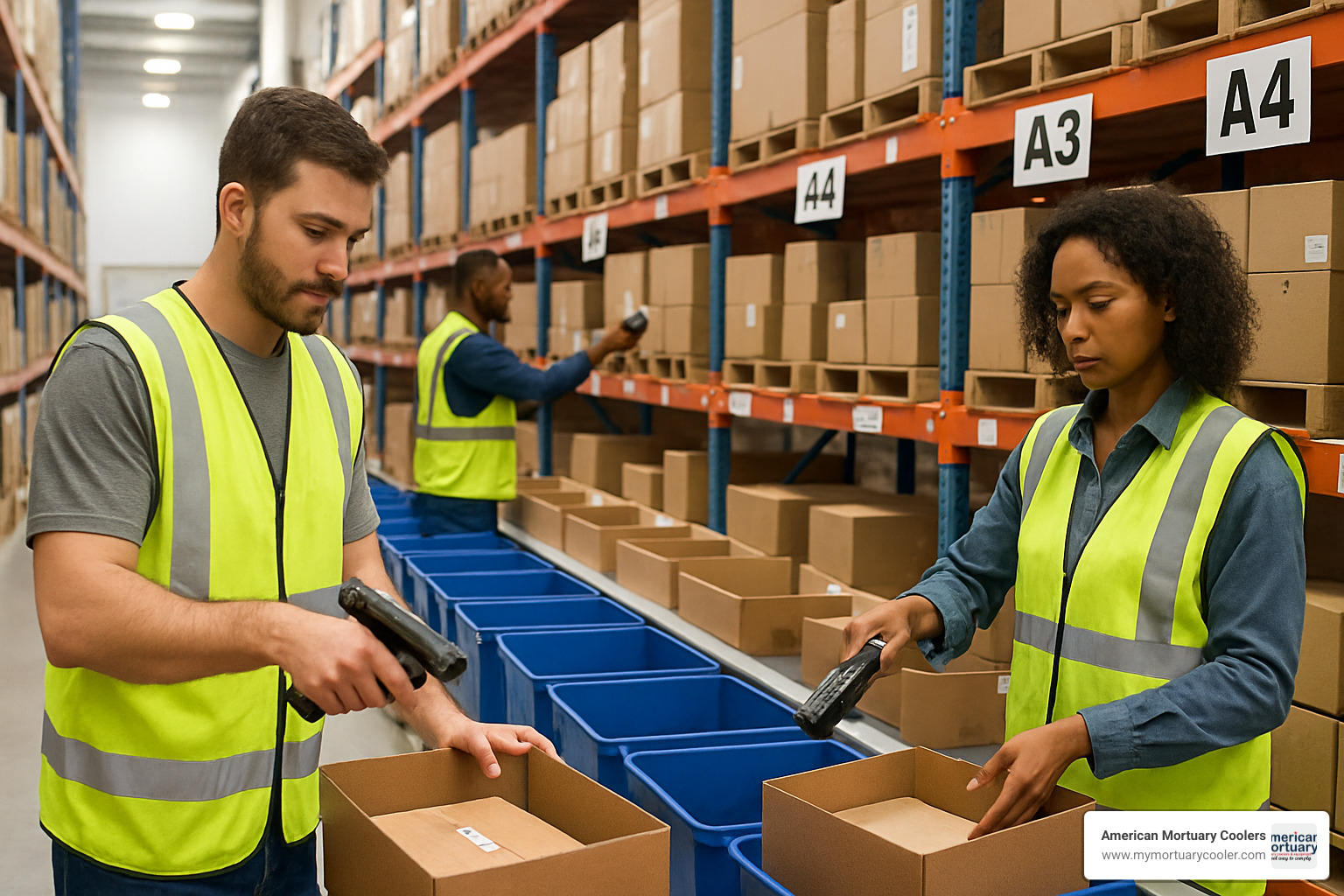 Modern warehouse picking setup showing workers using mobile scanners and pick-to-box systems with organized shelving and clear labeling - what is the order process
