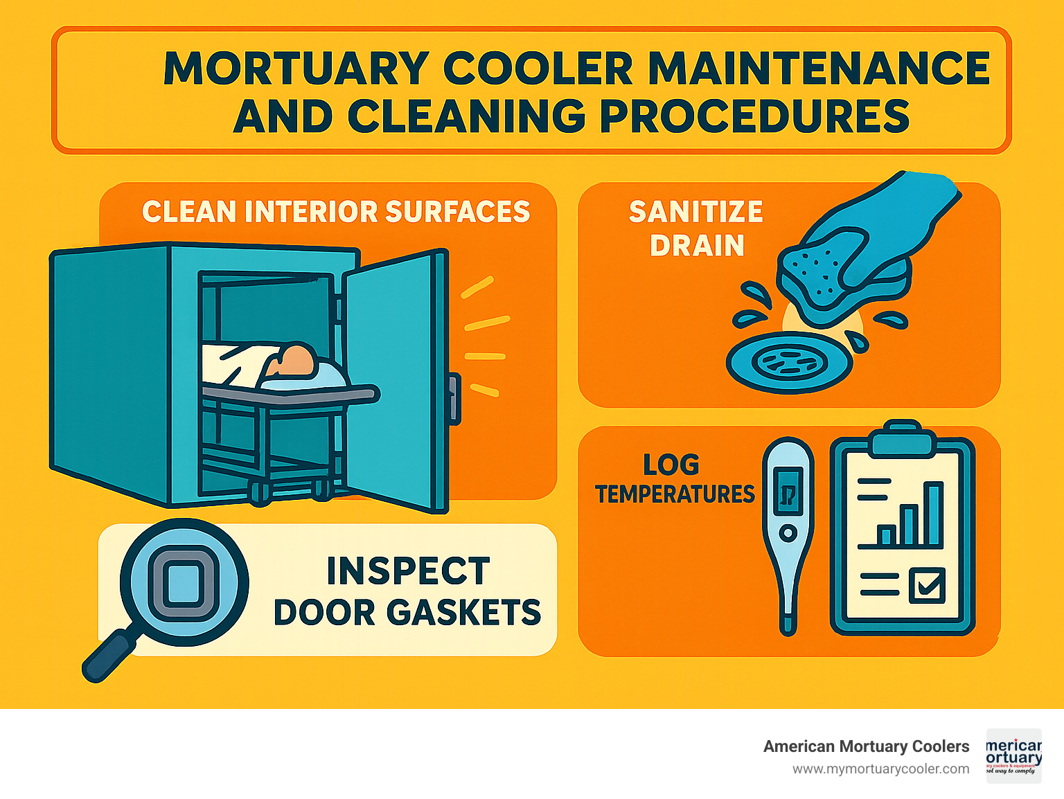 Mortuary cooler maintenance and cleaning procedures - Mobi Mortuary Cooler www.medicalstretchers.com infographic 