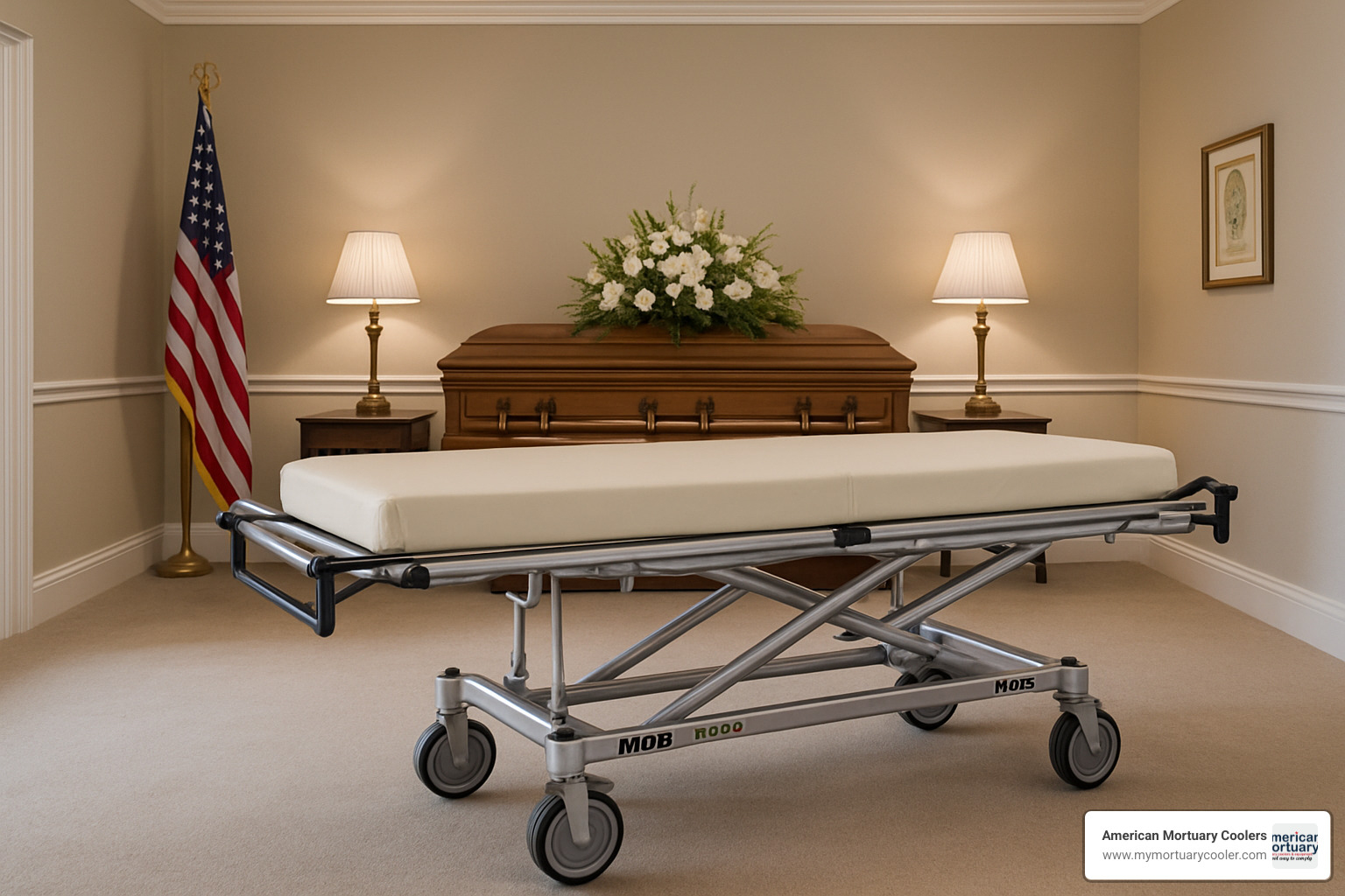 MOBI F500 mortuary stretcher in professional funeral home setting - funeral home supplies www.medicalstretchers.com