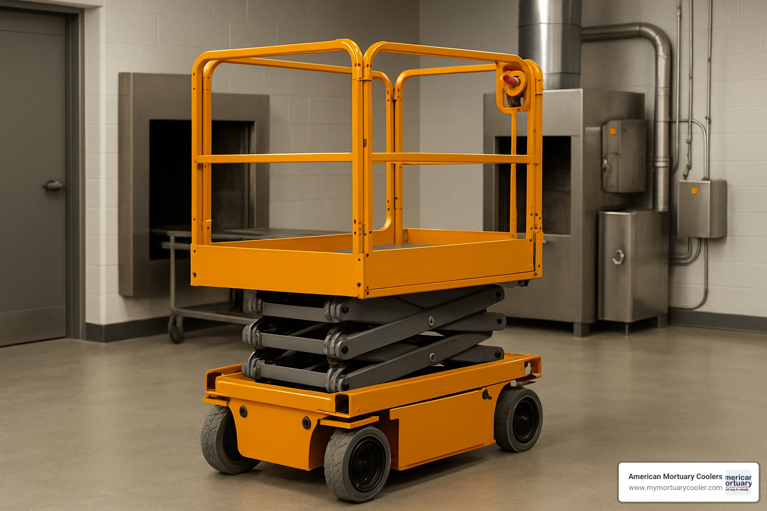 Battery-powered scissor lift in crematory setting with safety features highlighted - funeral home supplies www.medicalstretchers.com