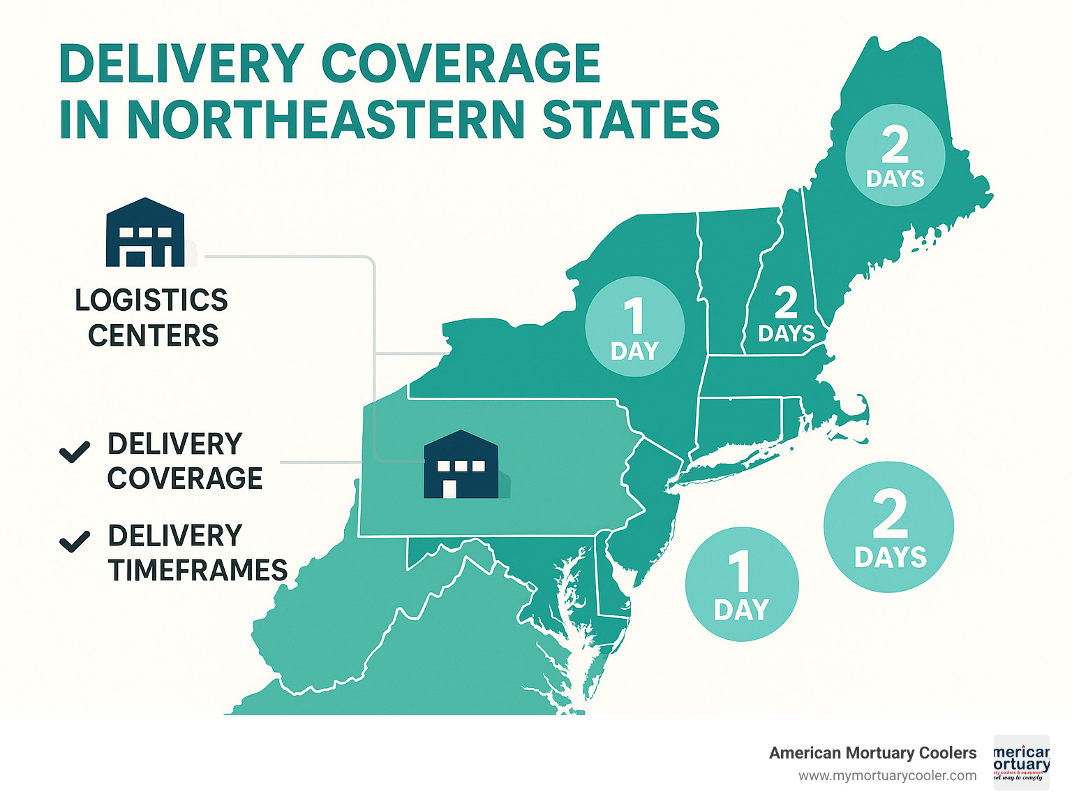 Map showing delivery coverage across northeastern states with logistics centers and delivery timeframes - funeral home supplies www.medicalstretchers.com infographic 
