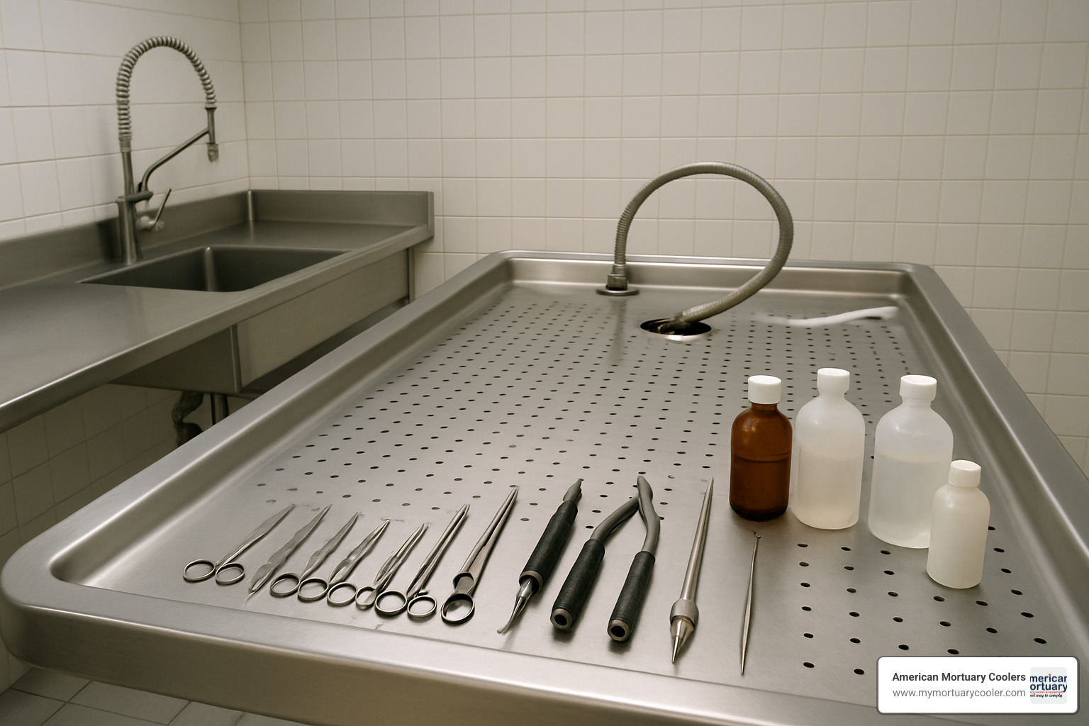 professional embalming instruments and tools laid out on preparation table - jobs mortuary